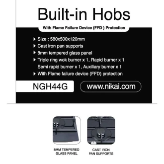 Nikai Gas Cooker 4 Burner Glass 8mm Tempered Built in Hob 580x500x120mm NGH44G Auto Ignition System Cast Iron Pan Supports Triple Ring Wok Burner‎