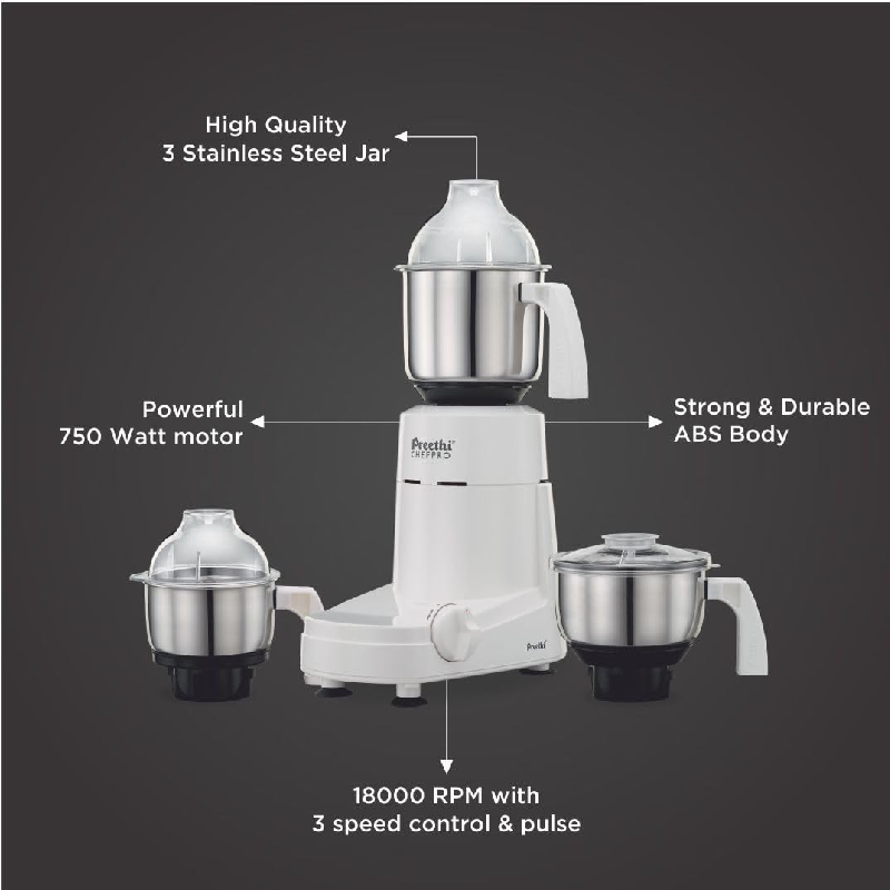 Preethi Chef Pro Mixer Grinder 750W With 2 Stainless Steel Jars, Overload Protector Mg128/08 6 Preethi Chef Pro Mixer Grinder 750W With 2 Stainless Steel Jars, Overload Protector Mg128/08