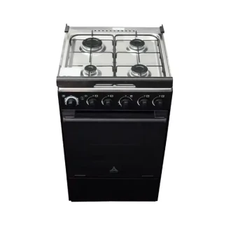Delta Cooker 50x55cm, 4 Gas Burners, Gas Oven & Grill, Stainless Steel Cooktop, Mirror Door, Auto Ignition, Double Glass Door, Glass Lid, Black DGC401B