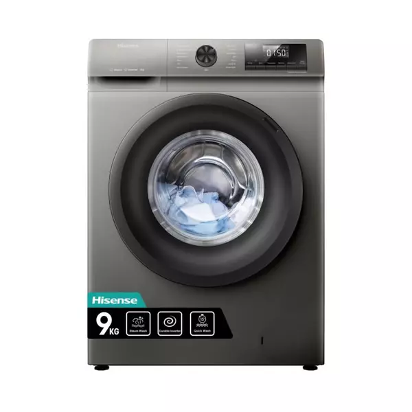 Hisense Washing Machine 9Kg Front Loading, Steam Wash, Durable Inverter, Quick Wash, Delay End, Drum Clean, Self Diagnosis Silver Wfqp9012Vmt