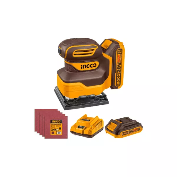 Ingco Cordless Sheet Sander 20V With Battery &Amp; Charger, 5Pcs Sand Paper Cshsli20141 1 Ingco Cordless Sheet Sander 20V With Battery &Amp; Charger, 5Pcs Sand Paper Cshsli20141