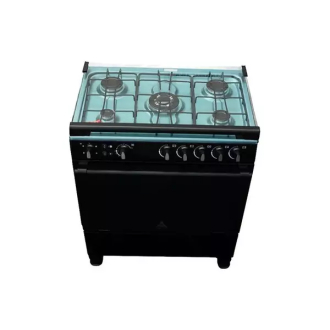 Delta Cooker 80x55cm, 5 Gas Burners, Gas Oven & Grill, Oven Light, Stainless Steel Cooktop, Glass Lid, Double Glass Door, Black DGC501B