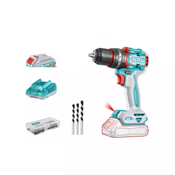Total Cordless Impact Drill 66Nm Lithium-Ion 20V With Brushless Motor, 47Pcs Accessories, 3Pcs Masonry Drill Bits, 2Pcs 2.0Ah Battery, 1Pc Charger Tidli20668 1 Total Cordless Impact Drill 66Nm Lithium-Ion 20V With Brushless Motor, 47Pcs Accessories, 3Pcs Masonry Drill Bits, 2Pcs 2.0Ah Battery, 1Pc Charger Tidli20668