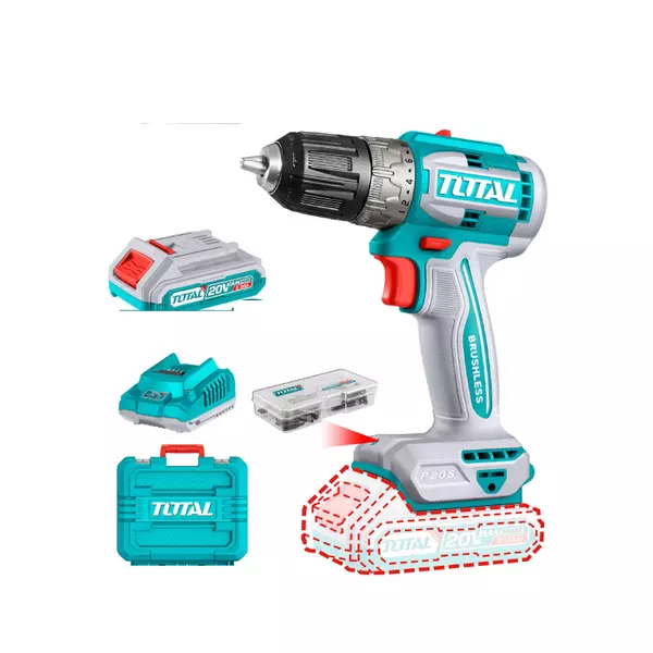 Total Cordless Impact Drill 52Nm Lithium-Ion 20V With Brushless Motor, 47Pcs Accessories, 2Pcs 2.0Ah Battery, 1Pc Charger Tdli20453 1 Total Cordless Impact Drill 52Nm Lithium-Ion 20V With Brushless Motor, 47Pcs Accessories, 2Pcs 2.0Ah Battery, 1Pc Charger Tdli20453